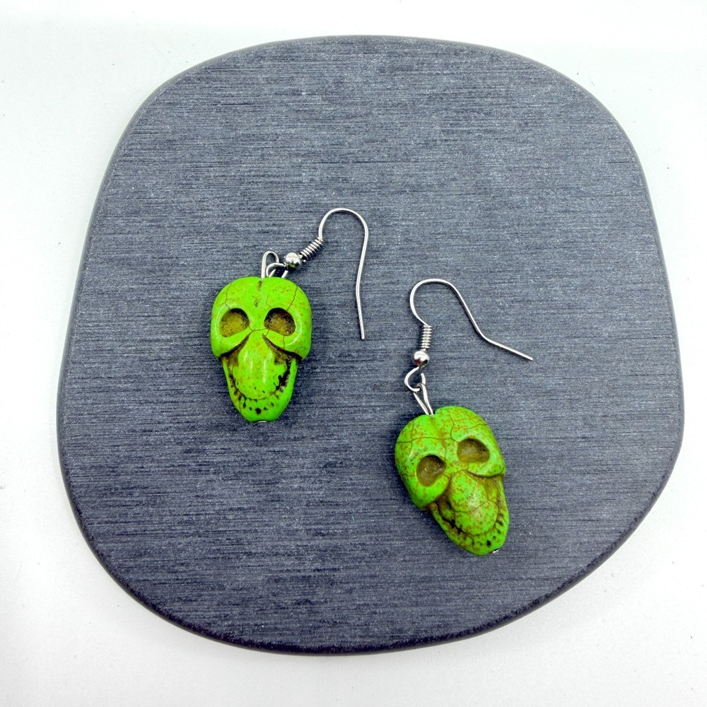 Green Skull Dangle Earrings Gothic Punk Halloween Festival Statement Gift Pair